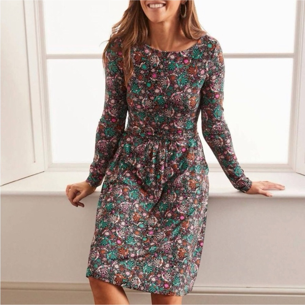 Boden Abigail Dress Size 6P Black Floral Confetti Pink Green Jersey Knit Stretch